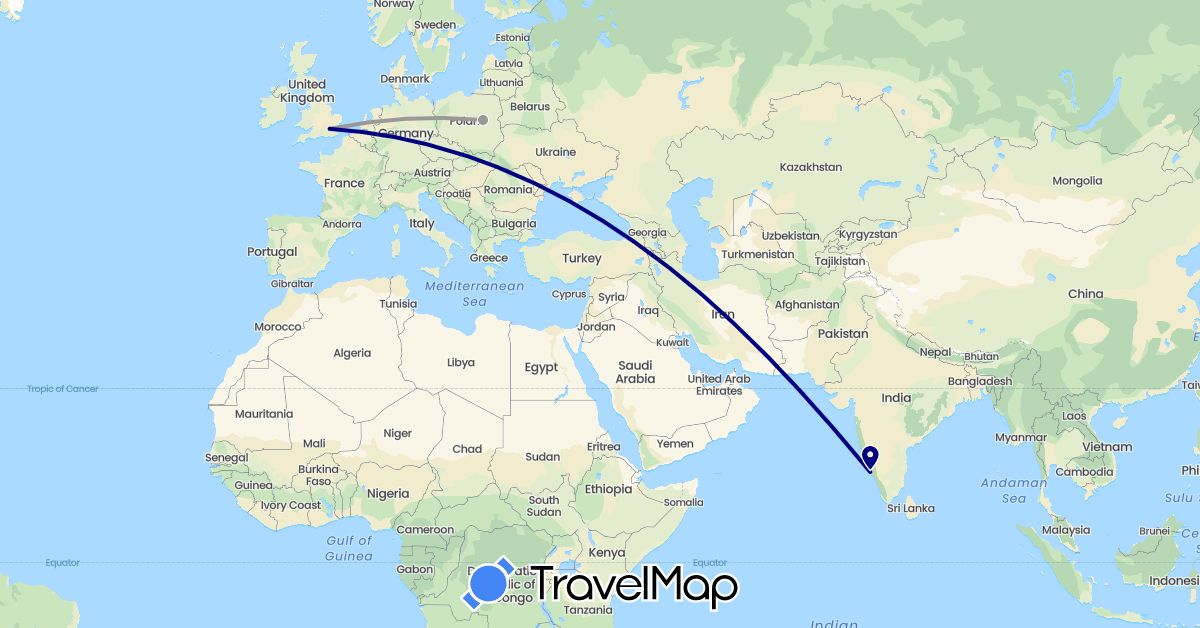 TravelMap itinerary: driving, plane in United Kingdom, India, Poland (Asia, Europe)
